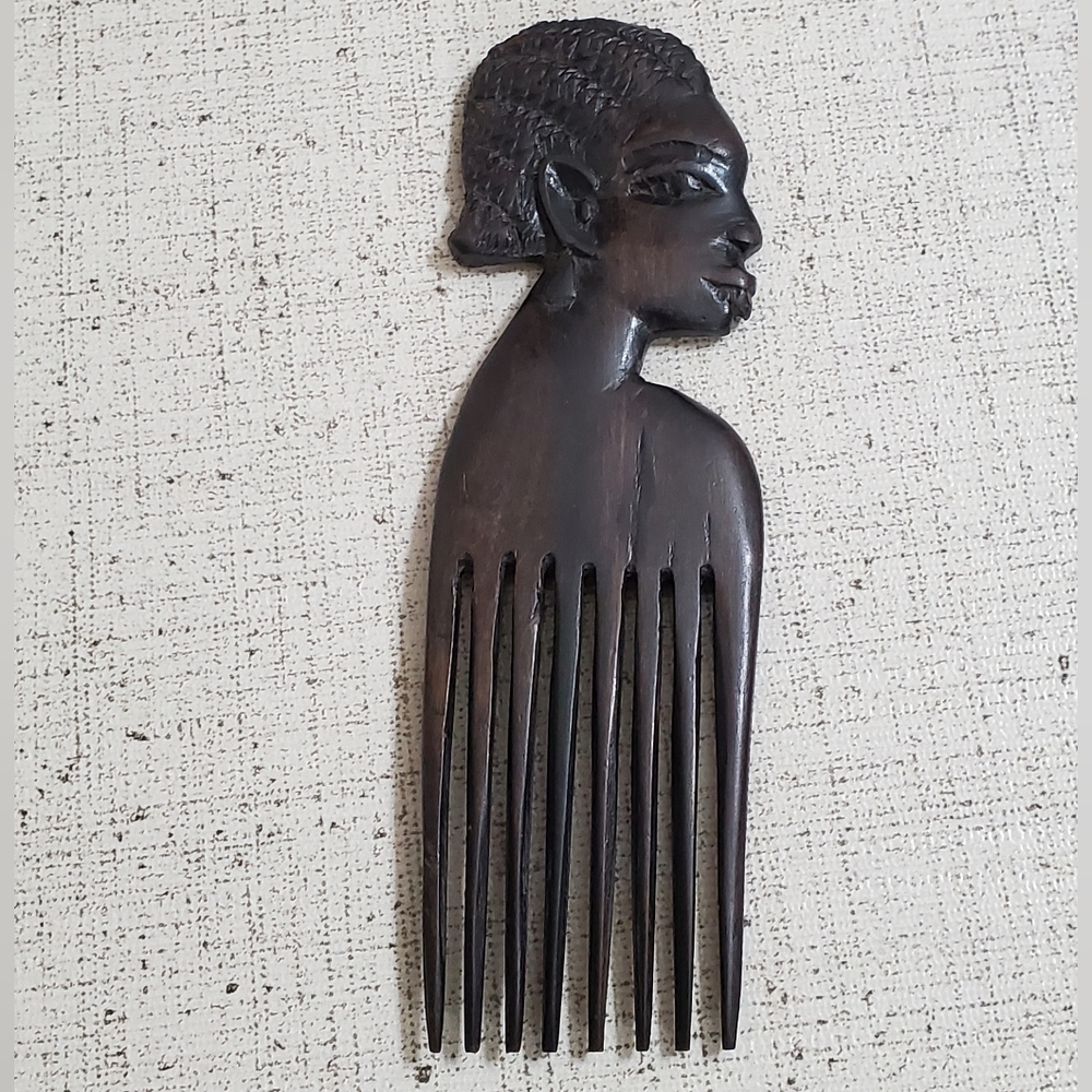 African Ebony Wood Hair Pick, Hand Carved, Vintage, 7", Excellent Condition